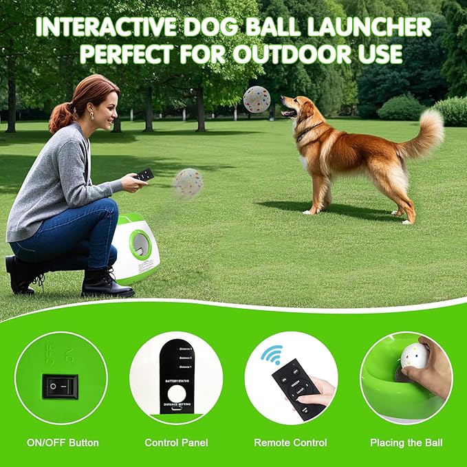 Automatic Dog Ball Launcher, Upgraded Interactive Dog Balls Thrower with 3 Distance 29Ft-79Ft, Remote Control Ball Launcher for Medium & Large Dogs, 5 Etpu Balls Included (Lime Green)