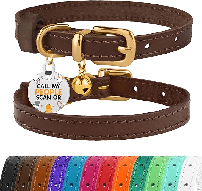 BRONZEDOG Leather Cat Collar with Removable Bells Non Breakaway Kitten QR Tag for Girl Boy (9" - 12" Cats/Mini Dogs, Dark Brown & Gold)
