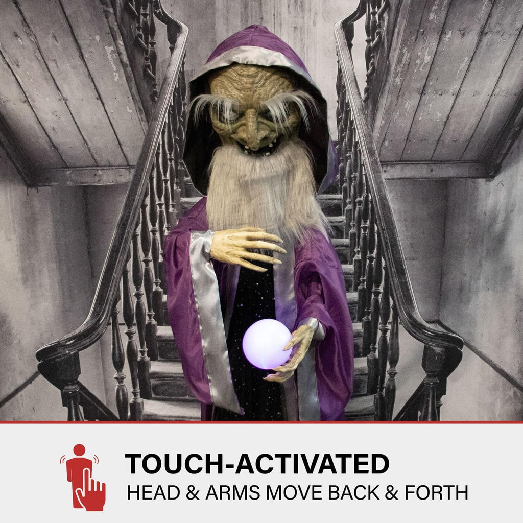 Haunted Hill Farm Talking Wizard Halloween Animatronic with Movement and Light-Up Crystal Ball for Scary Indoor or Covered Outdoor Halloween Decorations, Battery Operated Halloween Prop