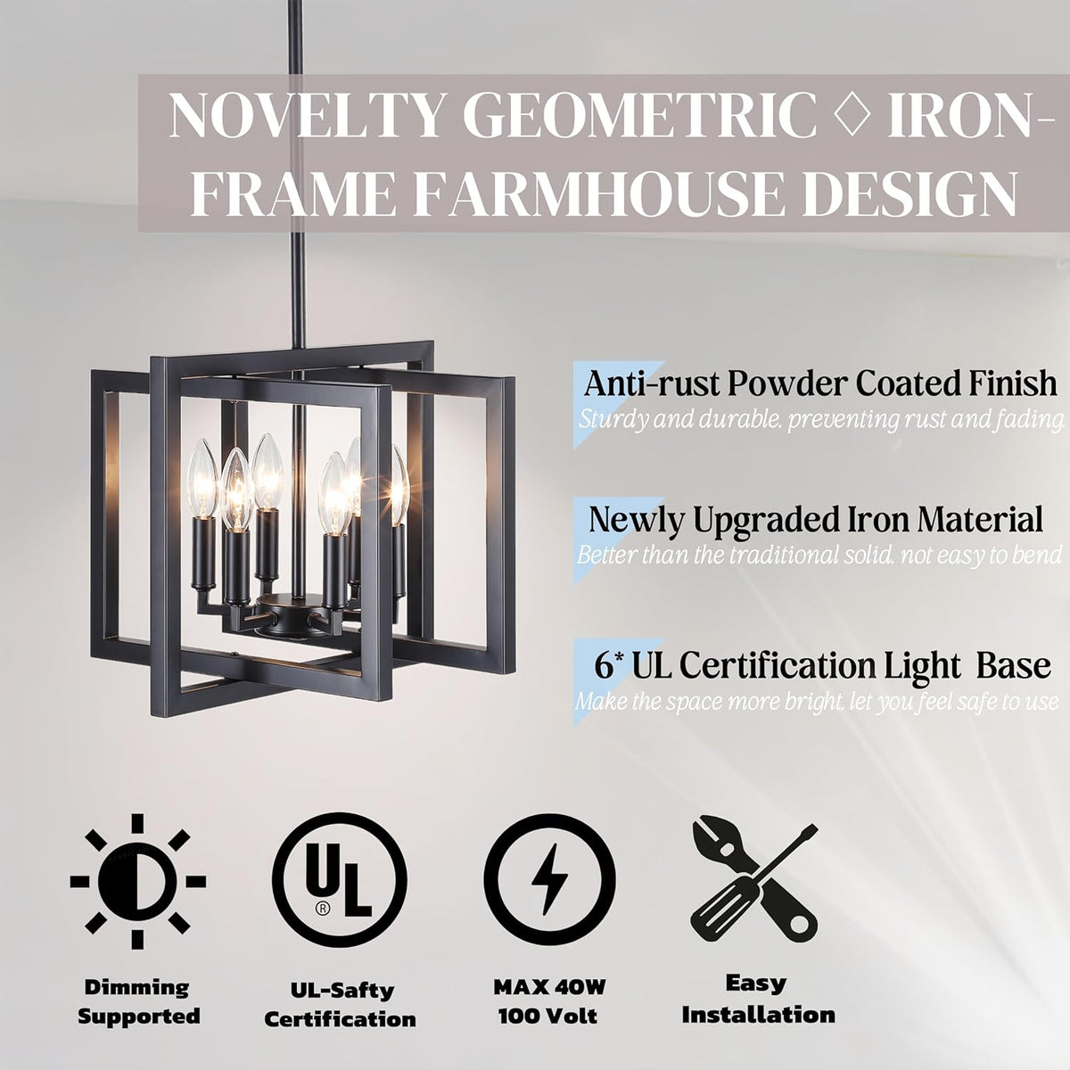 ANKYLHUA Black Chandelier,6-Lights Ceiling Light Fixture E12,Adjustable Hight Pendant Lights Kitchen Island,Chandeliers for Dining Room Bedroom,Entryway,Foyer