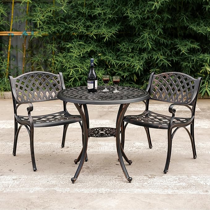 31.5" Cast Aluminum Patio Table with 2.2" Umbrella Hole,Anti-Rust Outdoor Patio Dining Tables,Round Metal Patio Table for Indoor,Garden,Porch,Bronze