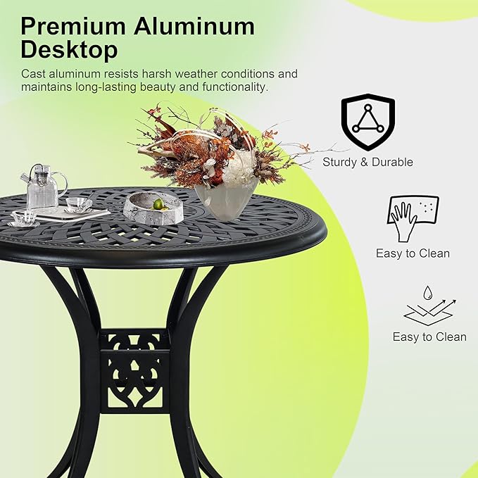 30.3 Inch Round Patio Table Cast Aluminum Patio Table,Metal Patio Dining Table with Umbrella Hole,All Weather Outdoor Bistro Dining Table for Backyard, Garden, Balcony, Black