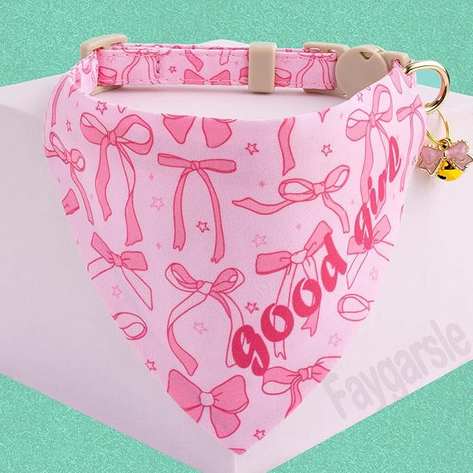 Faygarsle 2 Pack Pink Bow Pattern Cat Collar Set with Bandana and Bowtie, Breakaway Safety Collar with Bell Spring Summer Design for Girl Cats