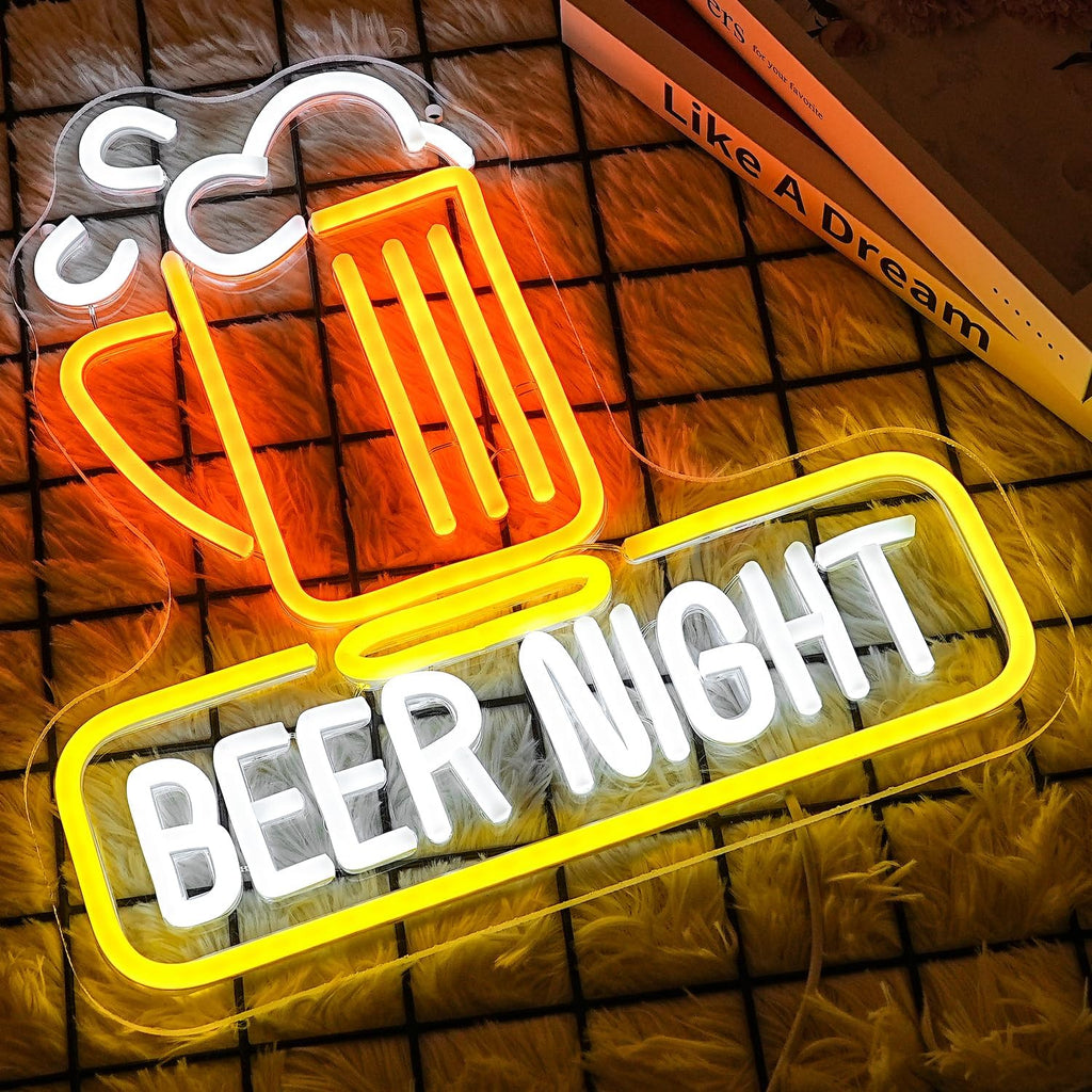 Beer Night Neon Sign for Man Cave Bar Decor Yellow White Beer Neon Light Bar Neon Sign Wall Art for Bedroom Beer Pub Man Cave Restaurant Party Decor