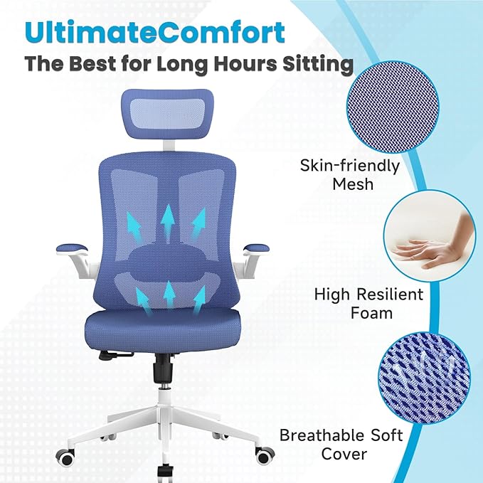 Ergonomic Office Chair - 400LB Comfy Desk Chairs with Adjustable Headrest and Lumbar Back Support, Mesh Computer Chairs with Wheels and Arms for Home Office, Study, Bedroom and Dorm (04blue)