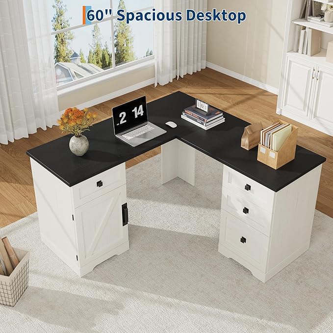 GarveeHome 60" Executive L Shaped Desk, Farmhouse Home Office Desk with File Drawers and Storage Cabinet, Corner Computer Desk with Adjustable Side Storage Cabinet (Black)