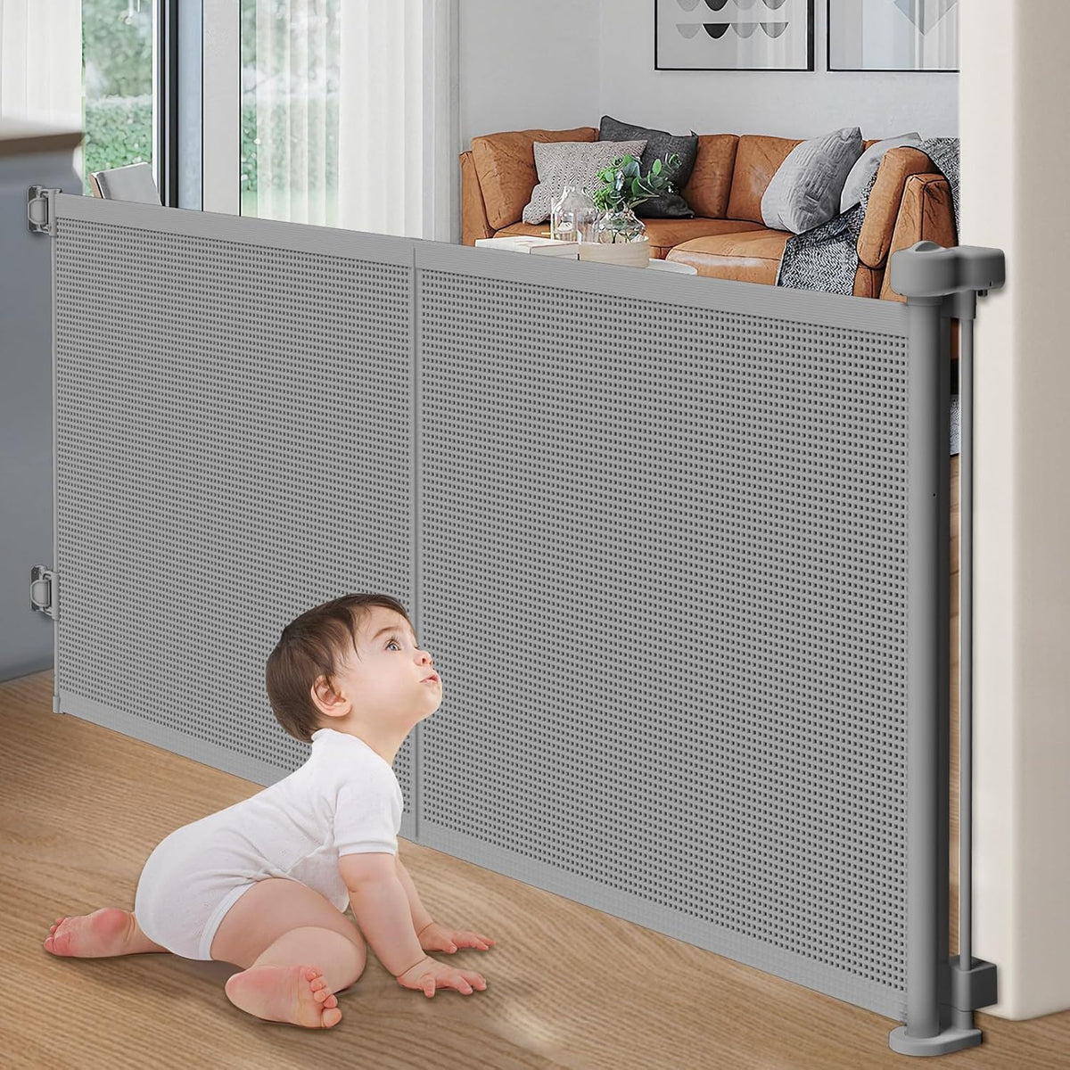 Upgrade Retractable Baby Gates, 35" Tall Extends up to 60" Wide, Mesh Dog Gate Indoor for Stairs, Outdoor Reinforced Pet Gate with Support Rods for Doorways Hallways Kitchen Bedroom, Grey