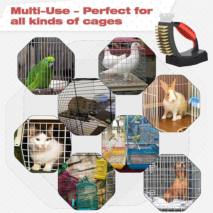 QBLEEV Bird Cage Cleaner, Stainless Steel Triangle Brush Set, Multi-Function Copper Bristle, Lightweight & Durable, Includes Cleaning Brush, Red