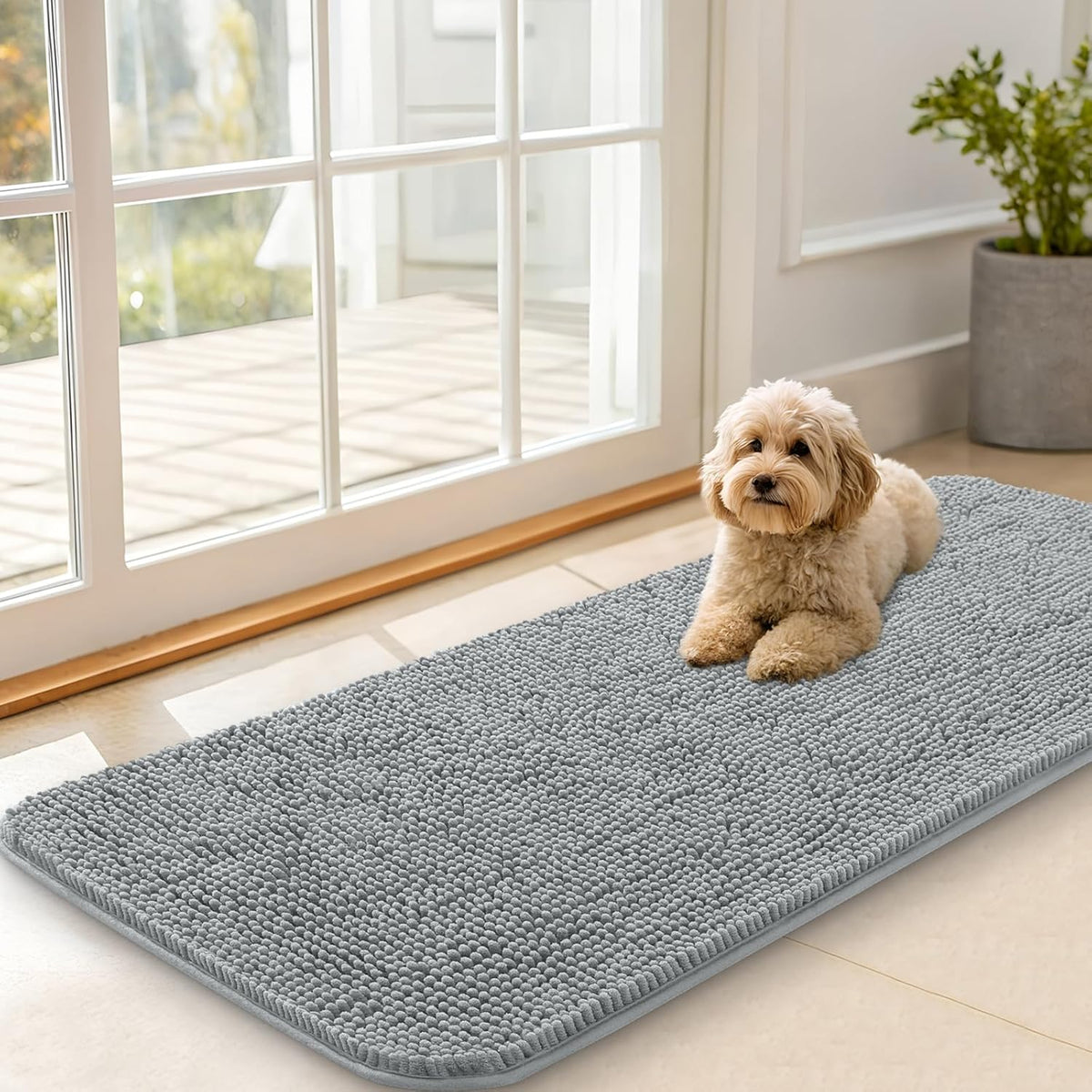 OLANLY Dog Door Mat for Muddy Paws 47x20, Absorbs Moisture and Dirt, Absorbent Non-Slip Washable Doormat, Quick Dry Chenille Mud Mat for Dogs, Entry Indoor Entryway Carpet for Inside Floor, Grey