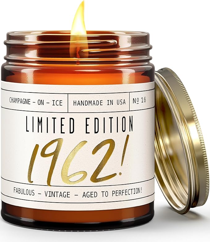 63rd Birthday Gifts for Women - 'Limited Edition 1962' Soy Candle, w/Champagne on Ice I 63 Birthday Gifts for Women I 63rd Gift for Her Ideas I 9oz Reusable Jar, 50Hr Burn, Made in USA