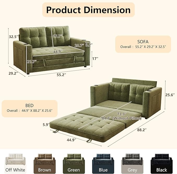 WorthFurni Convertible Sofa Bed, Folding Sofa Bed 2 in1 Pull Out Loveseat Sleeper Sofa, Floor Sofa Bed for Small Spaces Folding Couch Bed with Pillows for Living Room Bedroom - Green