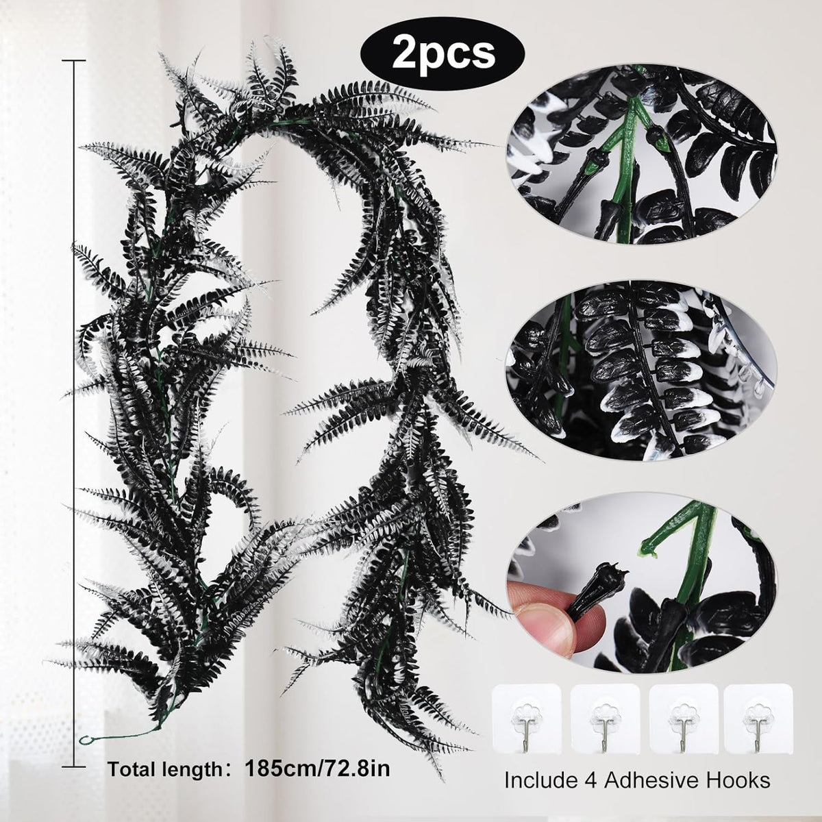 RECUTMS 2pcs Black Garland Artificial Boston Ferns 6 FT Faux Hanging Greenery UV Resistant Halloween Decor