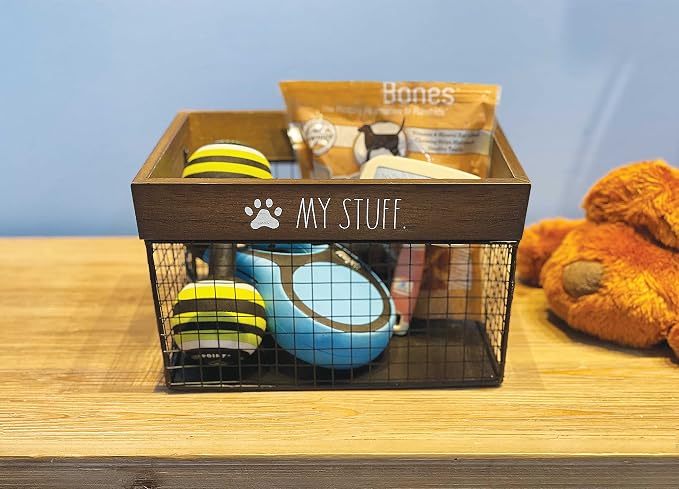 Rae Dunn Pet Toy Storage Bin - Metal and Wood Organizer for Dog Toys, Treats, Leashes - Cat Toy Basket Container - Dark Wood