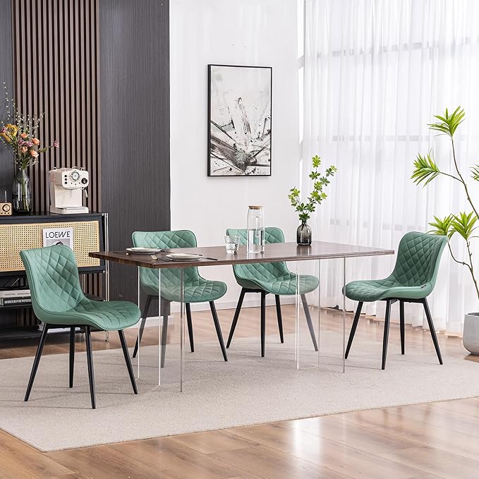 YOUTASTE Light Green Dining Chairs Set of 2 Mid Century Modern PU Leather Diamond Upholstered Accent Guest Dinner Chair with Back Metal Legs for Kitchen Living Reception Waiting Room