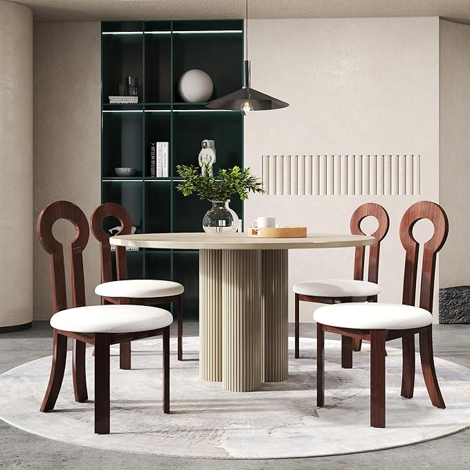 Wooden Dining Chairs Set of 4 Upholstered Kitchen & Dining Room Sherpa Chairs, Mid Century Modern Dining Chairs White with Walnut Legs