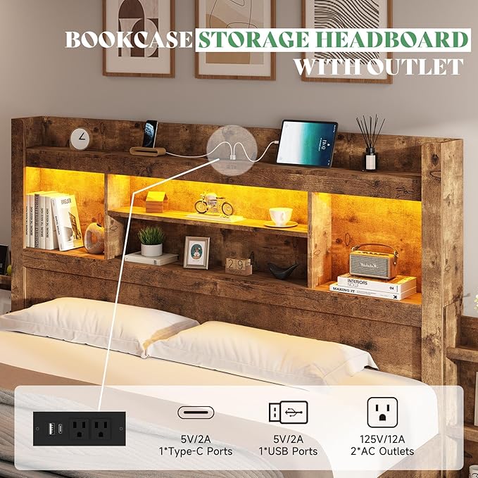 AMERLIFE Queen Bed Frame with 4 Storage Drawers, Wood Bed Frame with 49.6" Tall Bookcase Headboard, LED Platform Bed with Charging Station & 2 Slide Bedside Shelf, No Box Spring Needed/Rustic Brown