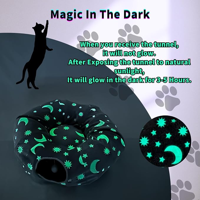 Cat Tunnel Bed for Indoor Cats with Washable Cushion Cat Cave Donut Tunnel with Fluffy Ball Big Round Tube Pet Playground Toys Soft Plush Peekaboo for Kitten, Cat, Puppy, Rabbit, Ferret（Moon Star）