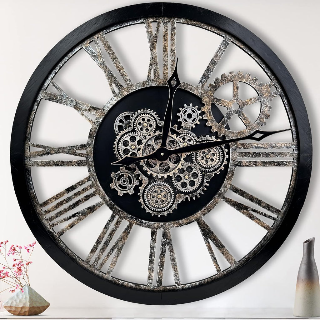 The B-Style 36" Large Moving Gear Wall Clock Oversized Vintage Farmhouse Wall Clocks for Living Room Decor Rustic Industrial Wood Clock (Black and Bronze)