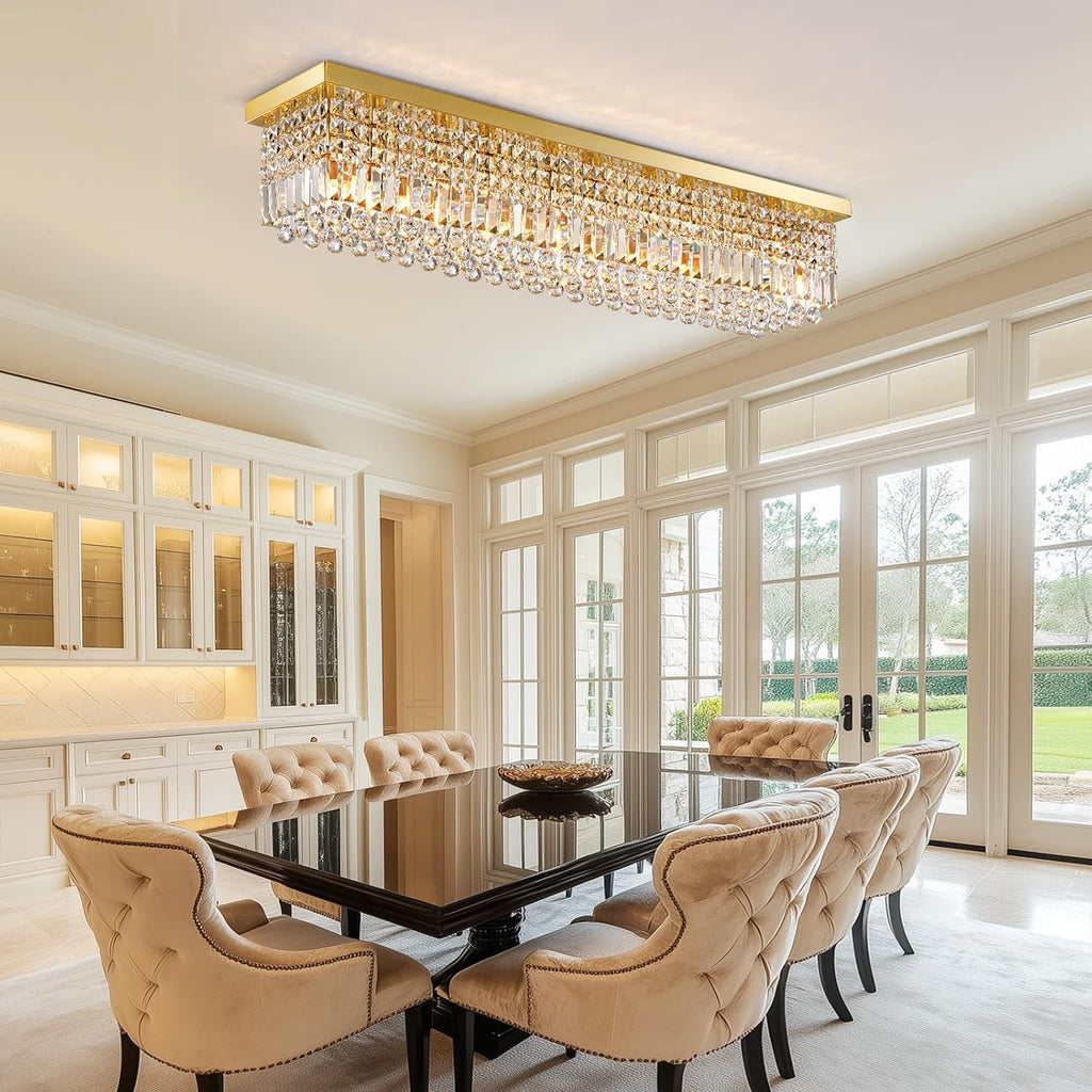 10 Lights Gold Flush Mount Rectangle Chandelier, Modern K9 Crystal Chandeliers Light Fixture Rectangular Raindrop Chandelier Pendant Island Light for Living Dining Room Kitchen Bar L47 Inch