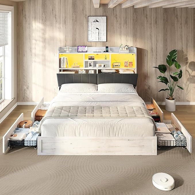 Queen LED Bed Frame with Bookcase Headboard and 4 Drawers,Farmhouse Storage Bed with Charging Station & Linen Upholstered, No Box Spring Needed, Distressed White