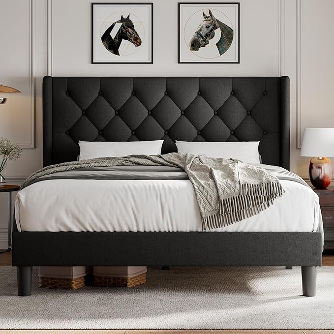 iPormis Full Size Platform Bed Frame with Button Tufted Headboard, Upholstered Bed Frame with Solid Wooden Slats, 8" Underbed Space, No Box Spring Needed, Noise Free, Easy Assembly, Black