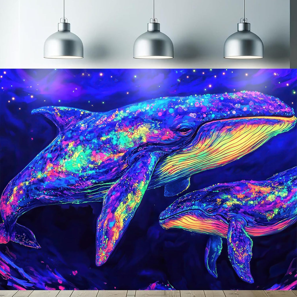 Starlit Patio Blacklight Whale Tapestry UV Reactive Glow in The Dark Neon Whale Wall Hanging Tapestry Trippy Ocean Art Poster for Bedroom Living Room Dorm Aesthetic Decor 78 x 59 Inches
