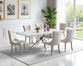 Goujxcy Luxury Dining Table Set for 6 Modern 7 Piece Faux Marble Dining Table Set with 6 Tufted Upholstered Chairs, 70" Faux Marble Kitchen Table & 6 Chairs with Mirrored Stainless Steel Base