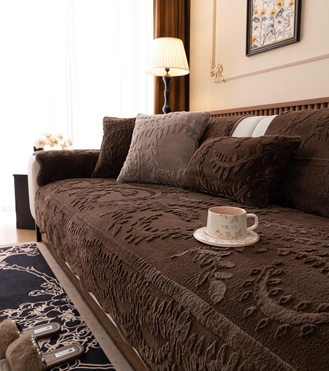Fuzzy Rabbit Plush Sofa Cover Cozy Warm Sofa Couch Covers with 3D Jacquard Leaf Pattern Non-Slip Easy-to-Install Shaggy Sofa Slipcover Prefect for Kids Dogs Cats Cats(Caramel,36"x28")