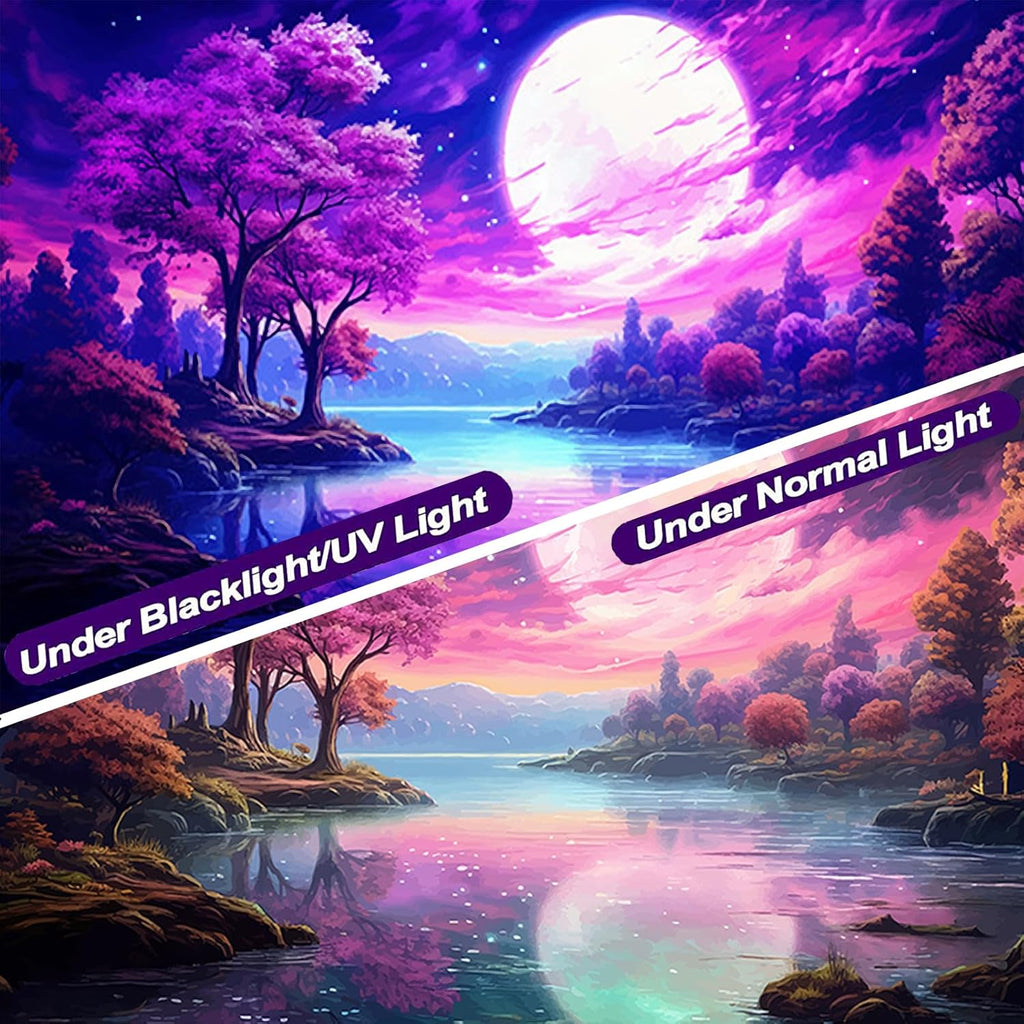 Atrippy Blacklight Pink Tapestry for Bedroom, UV Reactive Mountain Nature Tree Room Decor Wall Tapestries, Moon Landscape Forest Backdrop for Living Room Dorm Office 40" X 60"
