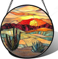 Stained Glass Window Hanging, Golden Landscape Dusk Sunset Suncatcher for Doors Window Home Cactus Sun Catchers Decoration Mother's Day Birthday Gifts for Women, Men, and Mom 15 in