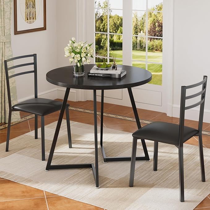 VECELO Round Dining Table Set for 2, Heavy-Duty Metal Frame & Upholstered Chair for Breakfast Nook, Kitchen, and Small Space, Matte Black