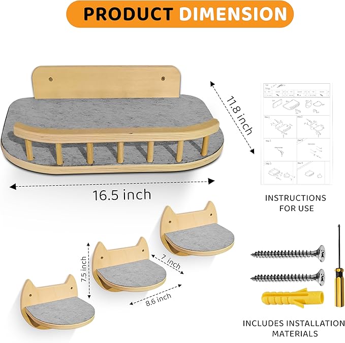 Cat Wall Shelves with 3 Steps – Modern Mounted Cat Wall Furniture & Shelf, Premium Hardwood Cat Bed for Climbing, Sleeping & Lounging, Indoor Hammock for Large Cats
