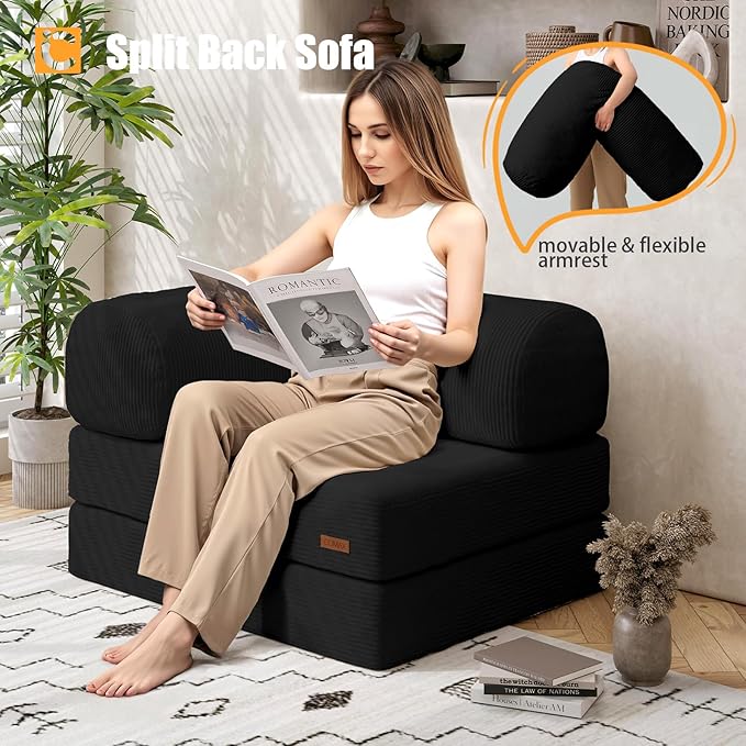 COMAX Folding Sofa Bed, Fold Out Chair Bed, Foldable Sofa, Convertible Sleeper for Adults, Futon Chair Single Small Floor Couch for Spaces, Bedroom Living Room Guest Room, Black
