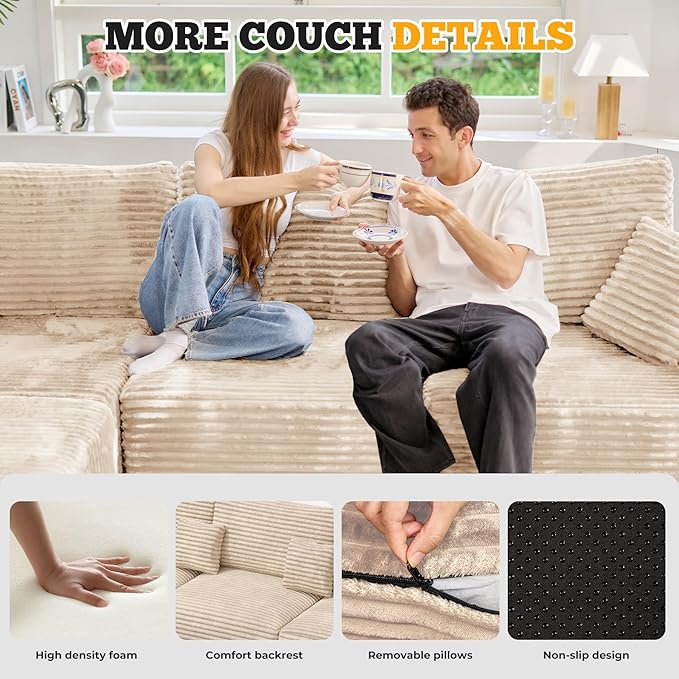 146" Modular Sectional Sofa, Convertible U-Shaped Cloud Couches for Living Room with Ottoman, 6 Seater Corduroy Boneless Couch Sofa Set, No Assembly Required, Khaki 1 PCS