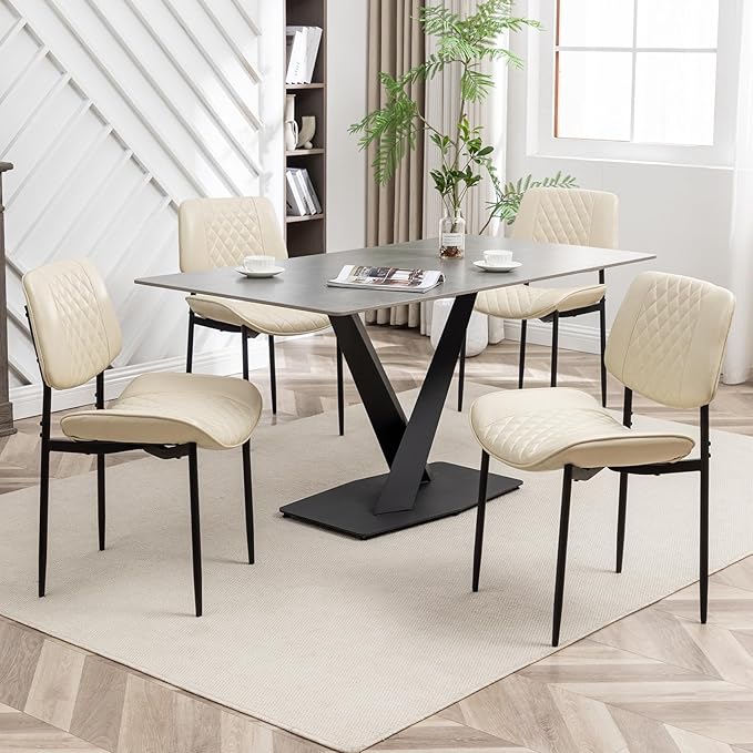 Modern Dining Chairs Set of 4, Leather Dining Chair with Metal Legs, Upholstered Dining Room Chairs for Dining Room, Kitchen, Vanity (Beige)