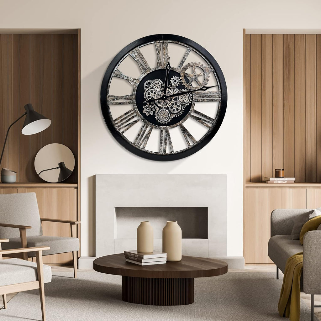 HOIBAI Large Wall Clock, Wall Clocks for Living Room Decor 36 Inch Farmhouse Vintage Rustic Kitchen Wall Decor Vintage Roman Oversized Wall Clock for Home Bedroom House, Moving Gears Clock