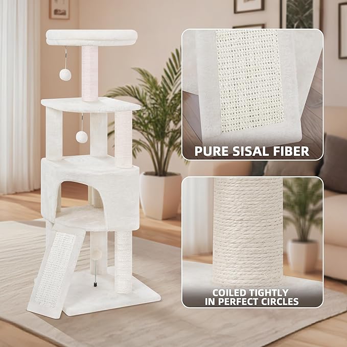 HUITREE 45in Cat Tree Tower with Big Condo for Indoor Kitten,Cat Tower with Scratching Post,Scratching Board and Cat Toys,Multi-Level,Small Space,Transformer Cat Tree, Beige(New)