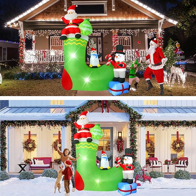 9FT Santa Claus Sitting on a Sock, Built-in LED Lights, Suitable for Christmas Lawn, Garden, Courtyard Outdoor Inflatable Decoration