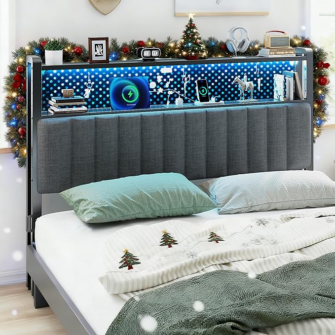 VINGLI King Size Headboard Only, Adjustable Upholstered Headboard with 2 Tier Shelves and Pegboard with Charging Stations and LED Lights, Modern Bed Headboard with Storage for Bedroom Decor