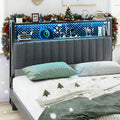 VINGLI King Size Headboard Only, Adjustable Upholstered Headboard with 2 Tier Shelves and Pegboard with Charging Stations and LED Lights, Modern Bed Headboard with Storage for Bedroom Decor