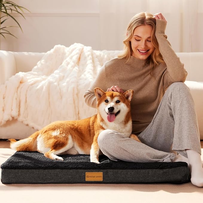 Patas Lague Orthopedic Large Dog Bed Washable Pet Sofa Mat 56''X40'' Black | Egg-Crate Foam Dog Couch For Large Sized Dogs, Waterproof Removable Cover, Soft Pet Crate Bed With Nonskid Bottom