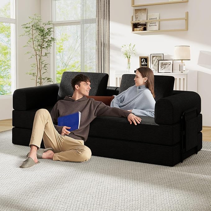 Antetek Convertible Sofa Bed, Comfy Corduroy Fluffy Love seat Sleeper Sofa, 5 in 1 Folding Couch Bed, Fold Out Floor Couch with Pillows for Bedroom, Living Room, Office, Pinstripe, Black