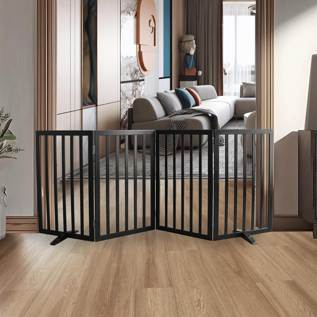 ZJSF Freestanding Indoor Dog Gate for House Foldable Wood Puppy Gate for Doorways Pet Gate for Stairs Extra Wide Pet Fence, Black, 32" Height 4 Panels