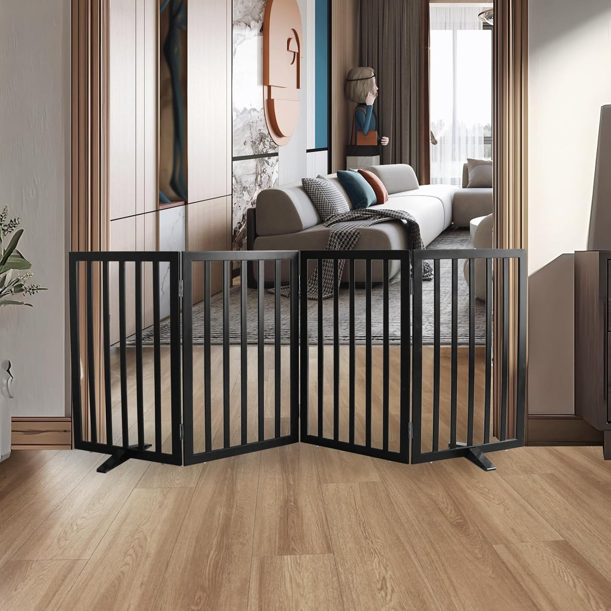 ZJSF Freestanding Indoor Dog Gate for House Foldable Wood Puppy Gate for Doorways Pet Gate for Stairs Extra Wide Pet Fence, Black, 32" Height 4 Panels