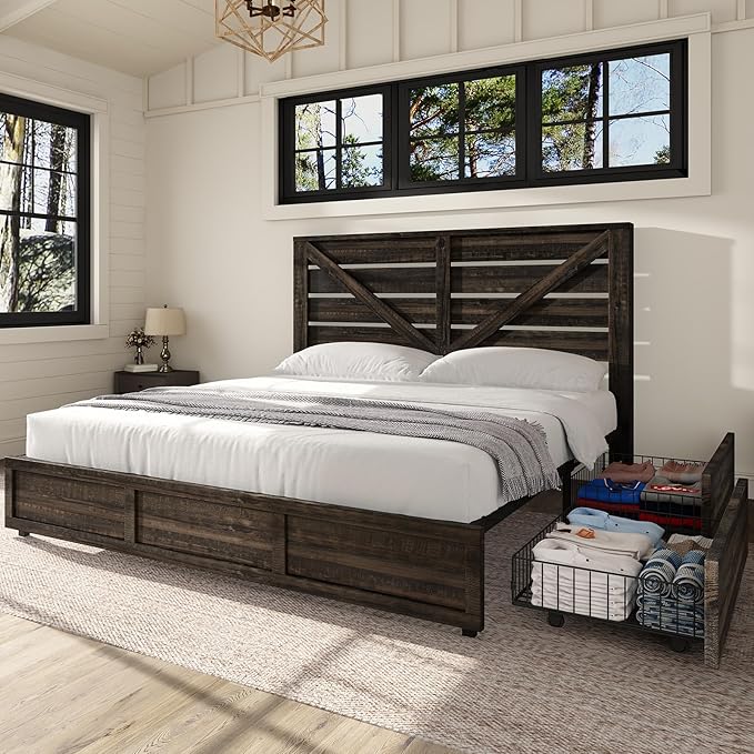 AMERLIFE King Size Farmhouse Bed Frame with 4 Drawers, Wooden Storage Bed Frame with Headboard and Heavy Duty Metal Slats, Noisy Free, Easy Assemble, Rustic Black