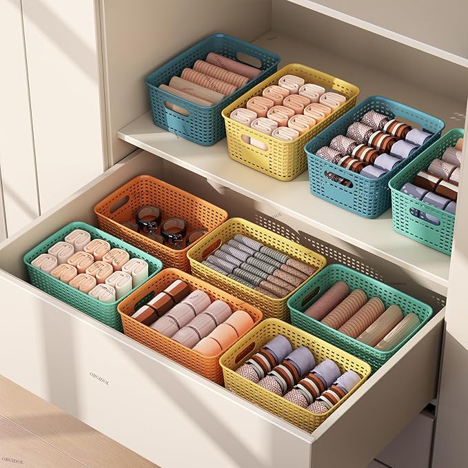 Plastic Storage Basket with Lids 12 Pack Stackable Colorful Storage Bins Containers with Lid, Decorative Storage Boxes for Organizing Shelves, Drawers, Playroom, Classroom, Office, Closet