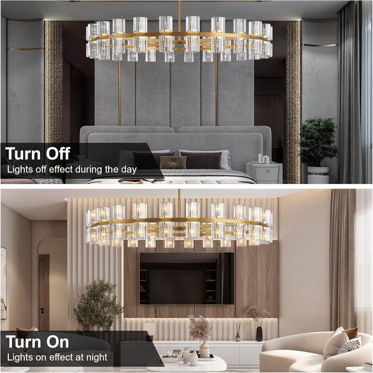 Modern 48 inch Gold Round Chandelier Light Fixture,Crystal Chandeliers for Dining Room,Living Room, Wagon Wheel Chandelier Over Table, Chandeliers for Bedroom,Foyer,G4 Bulbs Included