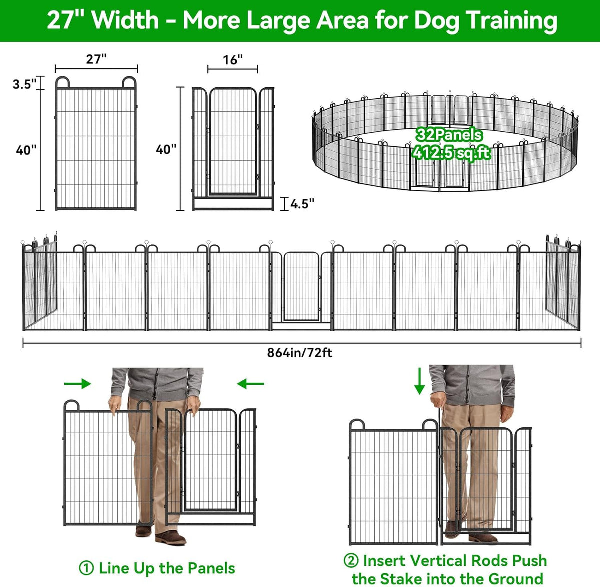 Dog Playpen Outdoor 32 Panels Heavy Duty Dog Fence 40" Height Anti-Rust with Doors Portable for RV Camping Yard, Total 71FT, 406 Sq.ft, Snowy Black