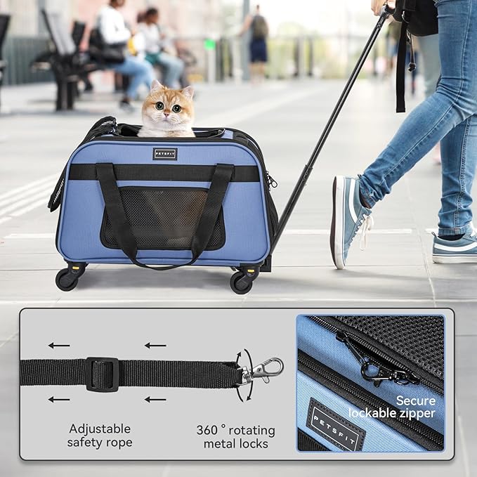 Petsfit Pet Carrier with Wheels, Rolling Cat Carrier for Small Cats, Airline Approved Pet Carrier with Telescopic Handle Perfect for Travelling Under 13lb,Blue