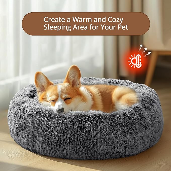 JOLLYVOGUE Calming Dog Bed for Small Dogs - 23 inches Donut Washable Small Dog Bed for Kittens & Puppies, Anti-Slip Round Fluffy Plush Faux Fur Cat Beds (Fits up to 25 lbs Pets, Smoke Black)